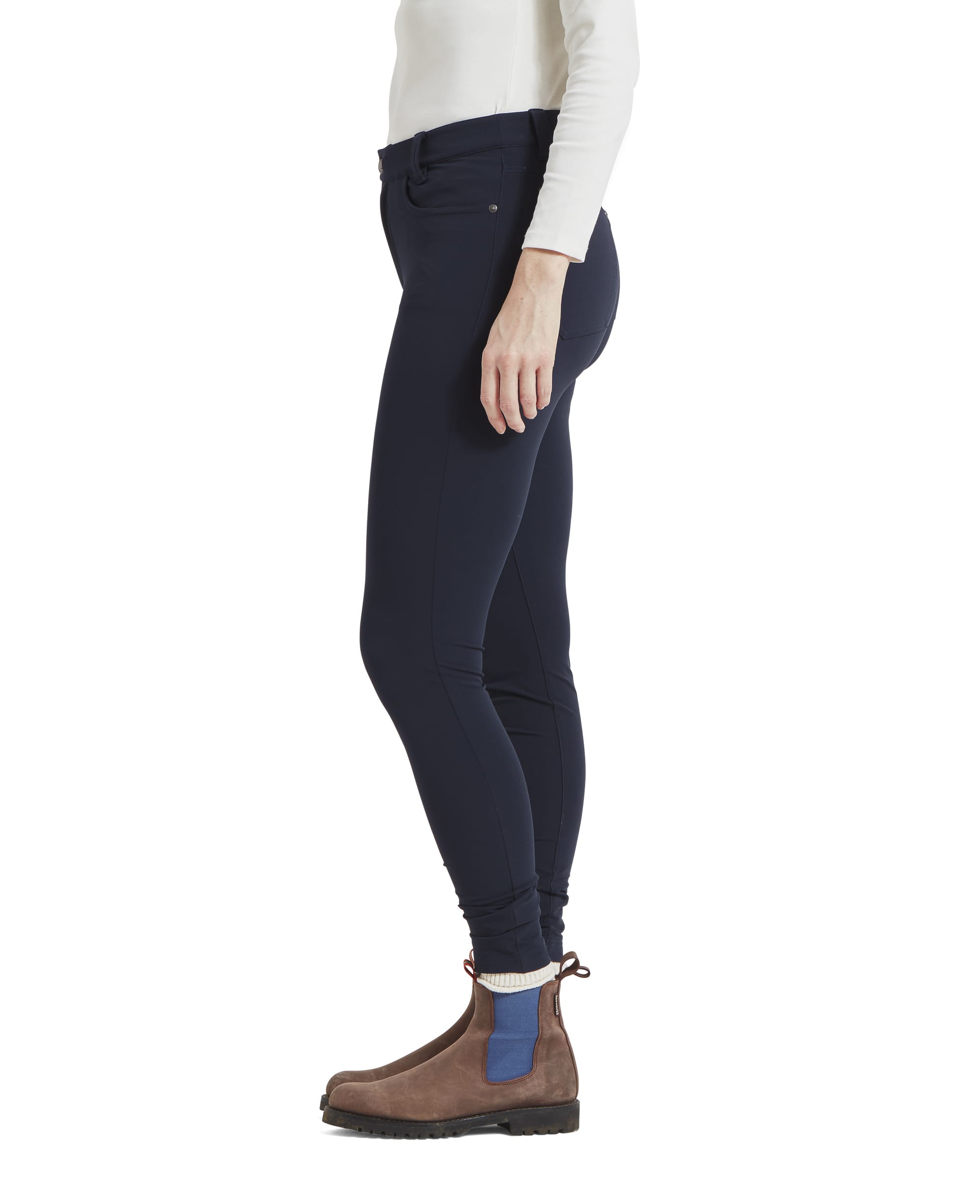 Side view of the Schöffel Whitwell Water Repellent Trouser for Women in Blue highlighting the slim fit and the high waisted design.